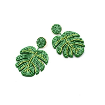 Large Palm Leaf Earrings Sunflower Cactus Handmade Braided Beaded Dangle Earring Bohemia Tree Seed Bead Drop Earrings Resin Bridal Plant Leaves Statement Earrings for Women Boho Wedding Jewelry-green