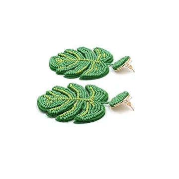 Large Palm Leaf Earrings Sunflower Cactus Handmade Braided Beaded Dangle Earring Bohemia Tree Seed Bead Drop Earrings Resin Bridal Plant Leaves Statement Earrings for Women Boho Wedding Jewelry-green
