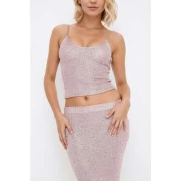 Naileksi Women Sexy Glitter Knit 2 Piece Outfits Sequin Slim Fit Crop Cami Top Sparkle Maxi Bodycon Skirt Set Clubwear