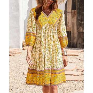 BTFBM Women Casual Summer Fall Dresses V Neck 3/4 Long Sleeve Ruffle Floral Flowy Boho Babydoll Mini...