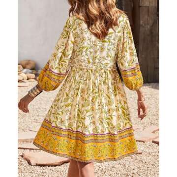 BTFBM Women Casual Summer Fall Dresses V Neck 3/4 Long Sleeve Ruffle Floral Flowy Boho Babydoll Mini Short Beach Dress(Floral Yellow White, Medium)