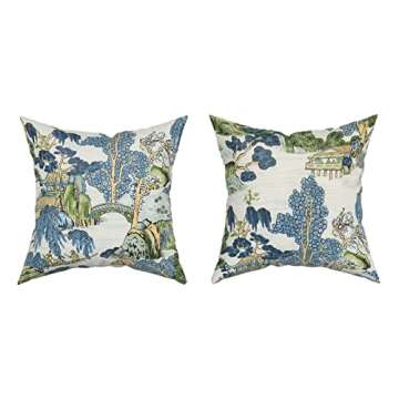 Chinoiserie Pillow Cover Set of 2 22x22 Inch Asian Scenic Blue and Green Cotton Polyester Decorative Throw Pillow Case Cushion Cover for Bedroom Sofa Living Room Couch Chair Office