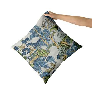 Chinoiserie Pillow Cover Set of 2 22x22 Inch Asian Scenic Blue and Green Cotton Polyester Decorative Throw Pillow Case Cushion Cover for Bedroom Sofa Living Room Couch Chair Office