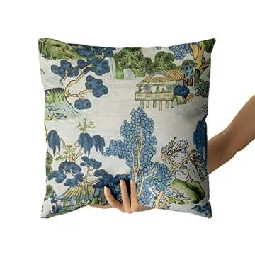 Chinoiserie Pillow Cover Set of 2 22x22 Inch Asian Scenic Blue and Green Cotton Polyester Decorative Throw Pillow Case Cushion Cover for Bedroom Sofa Living Room Couch Chair Office