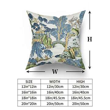 Chinoiserie Pillow Cover Set of 2 22x22 Inch Asian Scenic Blue and Green Cotton Polyester Decorative Throw Pillow Case Cushion Cover for Bedroom Sofa Living Room Couch Chair Office