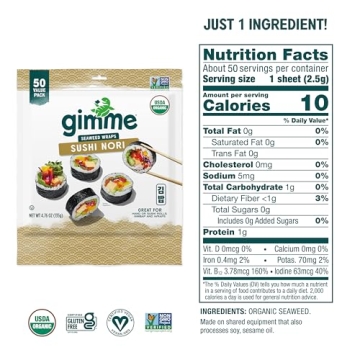 Gimme Organic Roasted Sushi Nori 50 Sheets 100% Organic