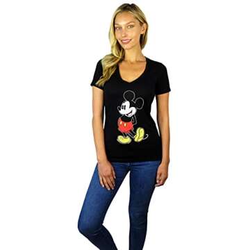 Disney Womens Mickey Mouse Stand V-Neck Tee (as1, Alpha, xx_l, Regular, Regular, Black)