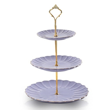 Sweejar 3 Tier Ceramic Cake Stand Wedding, Dessert Cupcake Stand for Tea Party Serving Platter (Purp...
