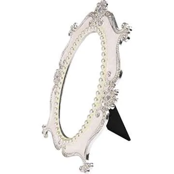 Nerien Vintage Vanity Tabletop Mirror, Metal Oval Decorative Makeup Mirror with Stand, Antique Table Cosmetic Mirror, Coquette Countertop Desk Dresser Mirror for Home Bedroom Bathroom (White, M)