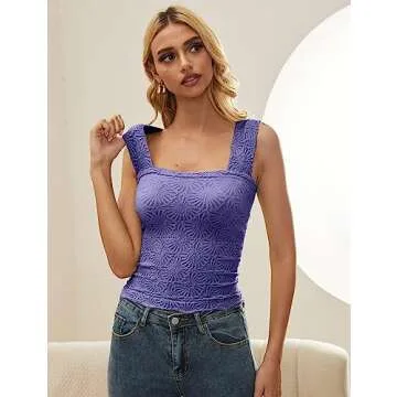 MISSACTIVER Women Square Neck Wide Straps Crop Tank Tops Casual Flower Sleeveless Lettuce Trim Slim Fit Crop Cami Vest Tops