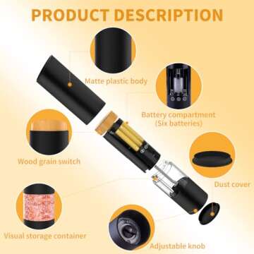 Electric Salt and Pepper Grinder Set of 2, Automatic Operation Salt Pepper Mill Sets with Adjustable Coarseness, Battery Powered, LED light, One Hand Operation-Black