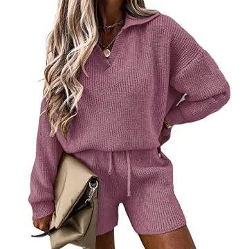 PRETTYGARDEN Women's 2 Piece Outfits - V Neck Knit Pullover & Shorts Set, Dusty Pink