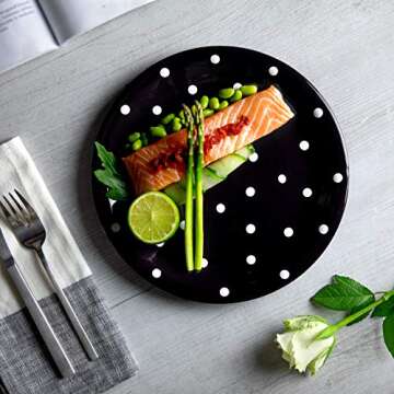 City to Cottage Handmade Black And White Pottery Polka Dot Glazed 10inch/25.5cm Flat Dinner Plate | Ceramic Unique Dinnerware, Housewarming Gift