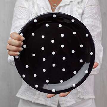City to Cottage Handmade Black And White Pottery Polka Dot Glazed 10inch/25.5cm Flat Dinner Plate | Ceramic Unique Dinnerware, Housewarming Gift