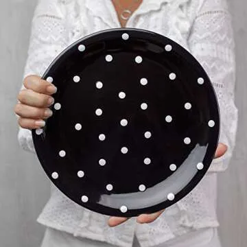 City to Cottage Handmade Black And White Pottery Polka Dot Glazed 10inch/25.5cm Flat Dinner Plate | Ceramic Unique Dinnerware, Housewarming Gift