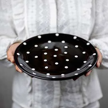 City to Cottage Handmade Black And White Pottery Polka Dot Glazed 10inch/25.5cm Flat Dinner Plate | Ceramic Unique Dinnerware, Housewarming Gift