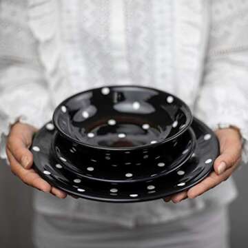 City to Cottage Handmade Black And White Pottery Polka Dot Glazed 10inch/25.5cm Flat Dinner Plate | Ceramic Unique Dinnerware, Housewarming Gift