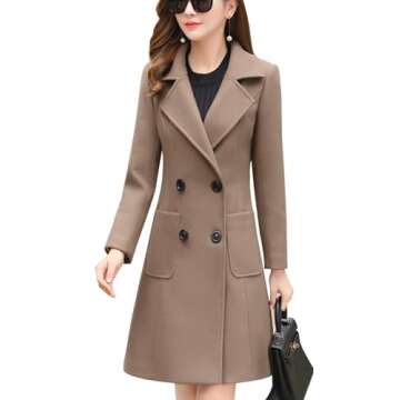 chouyatou Women Elegant Notched Collar Double Breasted Wool Blend Over Coat (Small, Khaki)