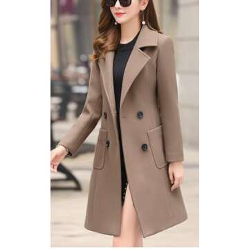 chouyatou Women Elegant Notched Collar Double Breasted Wool Blend Over Coat (Small, Khaki)