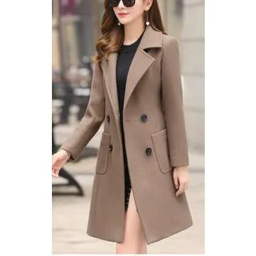 chouyatou Women Elegant Notched Collar Double Breasted Wool Blend Over Coat (Small, Khaki)