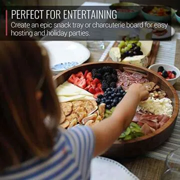 Virginia Boys Kitchens Round Serving Tray – 16.5 Inch Walnut Wood Platter with Handles - Perfect for Serving or Centerpiece Display on Ottoman and Coffee Table