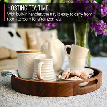 Virginia Boys Kitchens Round Serving Tray – 16.5 Inch Walnut Wood Platter with Handles - Perfect for Serving or Centerpiece Display on Ottoman and Coffee Table