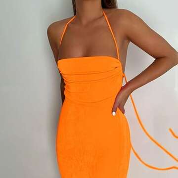ccisppal Women's Sexy Spaghetti Strap Backless Cami Dress Bodycon Summer Party Cocktail Formal Halter Dress A-Orange