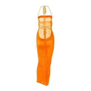 ccisppal Women's Sexy Spaghetti Strap Backless Cami Dress Bodycon Summer Party Cocktail Formal Halter Dress A-Orange