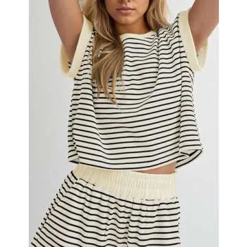 MISSACTIVER 2 Piece Lounge Set Women Stripe Knit Short Sleeve Tee Shirts Shorts Casual Summer Loungewear Shorts Sets