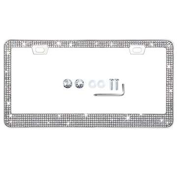 TZARROT White Rhinestone Bling License Plate Frame for Women Men, Metal Anti-Rust Thin Border License Plate Cover Bling Car Accessories for Women Girls