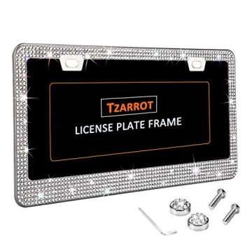 TZARROT White Rhinestone Bling License Plate Frame for Women Men, Metal Anti-Rust Thin Border License Plate Cover Bling Car Accessories for Women Girls