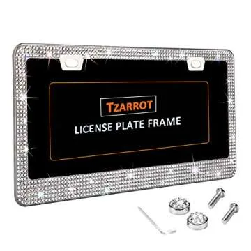 TZARROT White Rhinestone Bling License Plate Frame for Women Men, Metal Anti-Rust Thin Border License Plate Cover Bling Car Accessories for Women Girls