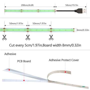 KXZM DC 5V USB COB Ice Blue LED Strip Light USB Powered 6.6ft/2M IP65 Waterproof 640LEDs High Brightness Flexible LED Tape Lights