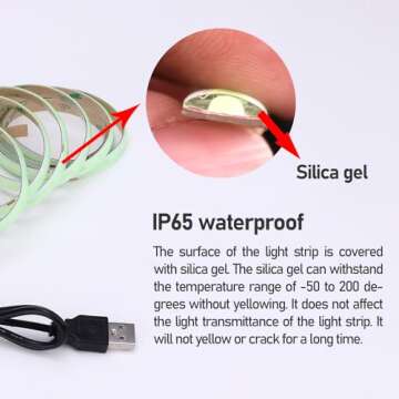 KXZM DC 5V USB COB Ice Blue LED Strip Light USB Powered 6.6ft/2M IP65 Waterproof 640LEDs High Brightness Flexible LED Tape Lights