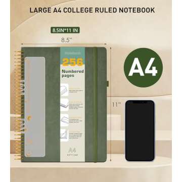 A4 Spiral Notebook Journal 8.5” x 11”, 256 Numbered Pages Hardcover Leather Journals for Women Men, Large Lined College Ruled Notebooks, 100GSM Thick Paper, Spiral Bound Journal for Work School, Green