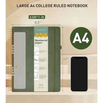 A4 Spiral Notebook Journal 8.5” x 11”, 256 Numbered Pages Hardcover Leather Journals for Women Men, Large Lined College Ruled Notebooks, 100GSM Thick Paper, Spiral Bound Journal for Work School, Green