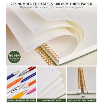 A4 Spiral Notebook Journal 8.5” x 11”, 256 Numbered Pages Hardcover Leather Journals for Women Men, Large Lined College Ruled Notebooks, 100GSM Thick Paper, Spiral Bound Journal for Work School, Green