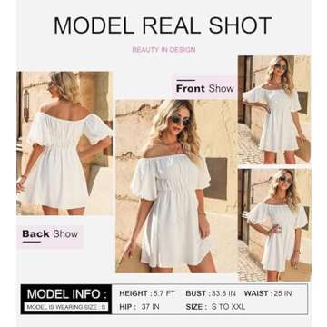 Dokotoo Off Shoulder Summer Dresses for Women 2025 Lantern Sleeve Elastic Waist White Dress Casual R...