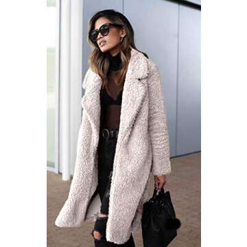 Angashion Women's Fuzzy Fleece Lapel Open Front Long Cardigan Coat Faux Fur Warm Winter Outwear Jackets Light Beige L