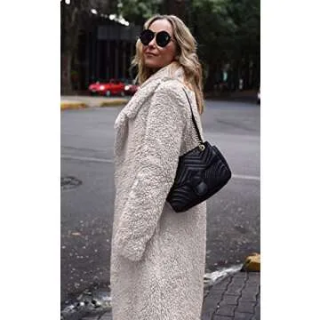 Angashion Women's Fuzzy Fleece Lapel Open Front Long Cardigan Coat Faux Fur Warm Winter Outwear Jackets Light Beige L