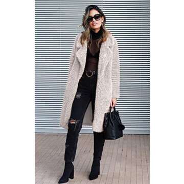 Angashion Women's Fuzzy Fleece Lapel Open Front Long Cardigan Coat Faux Fur Warm Winter Outwear Jackets Light Beige L
