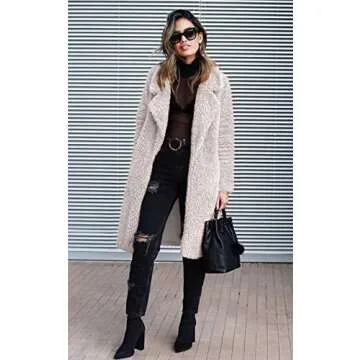 Angashion Women's Fuzzy Fleece Lapel Open Front Long Cardigan Coat Faux Fur Warm Winter Outwear Jackets Light Beige L