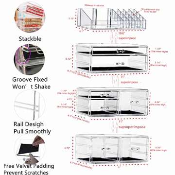 CQ Acrylic 4 Pack Clear Skincare Organizer - Stackable 7 Drawer Makeup Organizer for Cute Cosmetic, ...