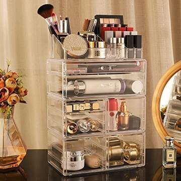 CQ Acrylic 4 Pack Clear Skincare Organizer - Stackable 7 Drawer Makeup Organizer for Cute Cosmetic, Jewelry, Hair Clip, Beauty, Skincare Products