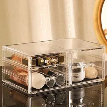 CQ Acrylic 4 Pack Clear Skincare Organizer - Stackable 7 Drawer Makeup Organizer for Cute Cosmetic, Jewelry, Hair Clip, Beauty, Skincare Products