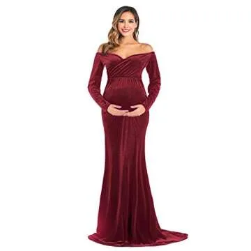 JustVH Velvet Maternity Off Shoulder Half Circle Fitted Gown Maxi Photography Dress