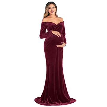 JustVH Velvet Maternity Off Shoulder Half Circle Fitted Gown Maxi Photography Dress for Baby Shower Photo Props Dress Burgundy