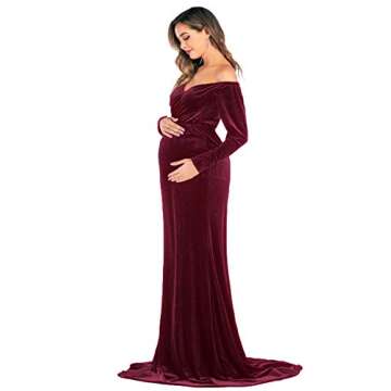 JustVH Velvet Maternity Off Shoulder Half Circle Fitted Gown Maxi Photography Dress for Baby Shower Photo Props Dress Burgundy