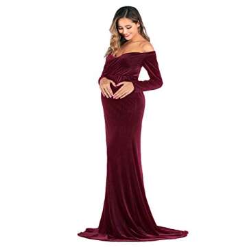 JustVH Velvet Maternity Off Shoulder Half Circle Fitted Gown Maxi Photography Dress for Baby Shower Photo Props Dress Burgundy