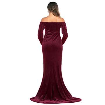 JustVH Velvet Maternity Off Shoulder Half Circle Fitted Gown Maxi Photography Dress for Baby Shower Photo Props Dress Burgundy